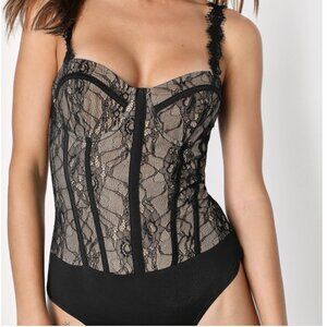 Lulus Sultry Essentials Black and Beige Lace Bustier Bodysuit, XS NWT